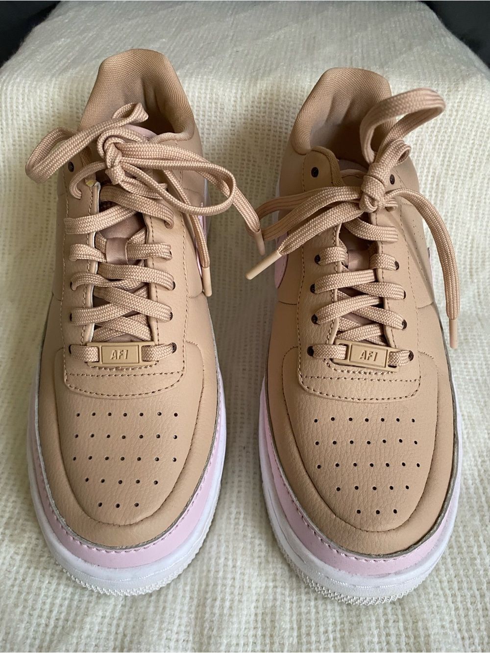 Nike Women's Air Force 1’s Beige Sneakers with Pink Midsole Accent